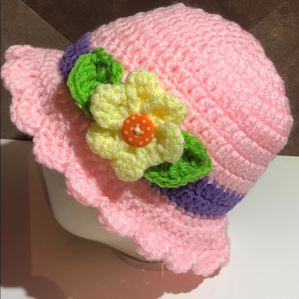 Baby sun hat flower handmade pink purple handmade